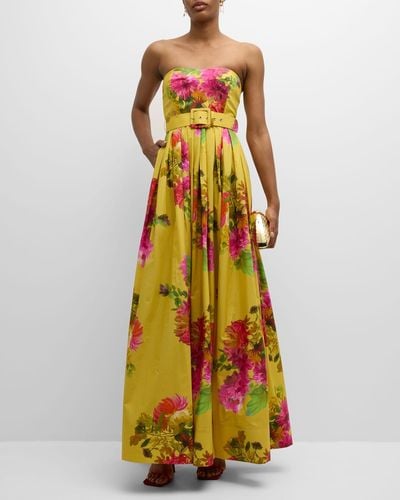 Cara Cara Greenfield Strapless Belted Floral Poplin Gown - Yellow