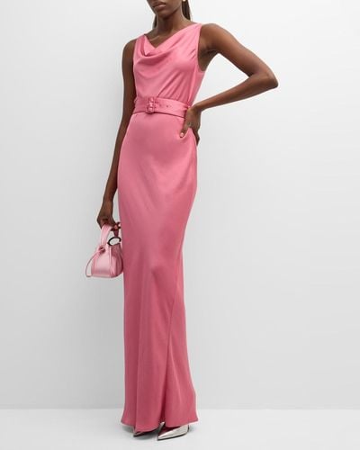 LAPOINTE Cowl-Neck Belted Sleeveless Satin Bias Gown - Pink