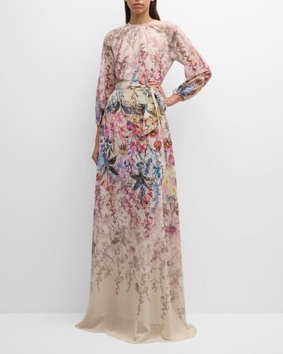 Teri Jon Blouson-Sleeve Floral-Print Chiffon Gown - Multicolor