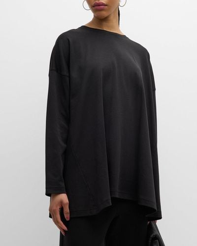 Eskandar Side Paneled Round Neck Long Sleeve T-Shirt (Mid Plus Length) - Black
