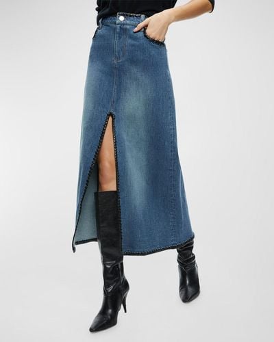 Alice + Olivia Rye Denim Maxi Skirt With Vegan Leather Trim - Blue