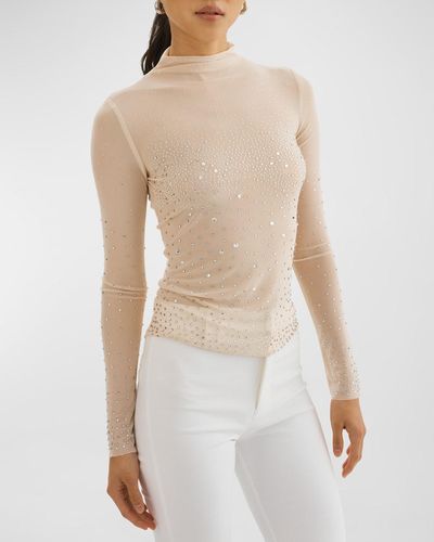 Lamarque Nellis Rhinestone-embellished Long-sleeve Mesh Top - White