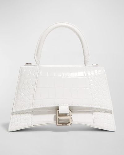 Balenciaga Hourglass Small Shiny Croc-embossed Top-handle Bag - White