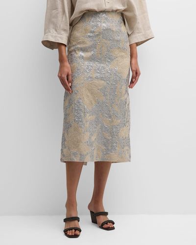 Brunello Cucinelli Linen Midi Skirt With Paillette Magnolia Embroidery - Gray
