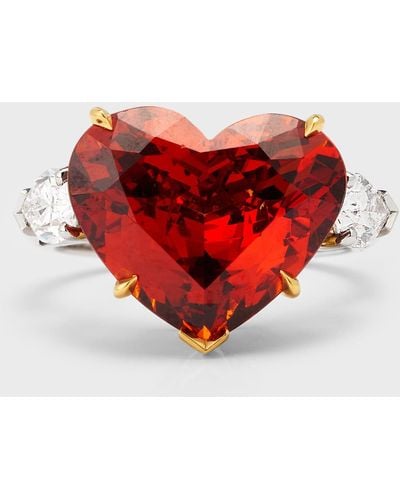 Fine Emeralds 18k Yellow Gold And Platinum Garnet Heart Ring With Pear Shaped Diamonds, Size 6 - Red