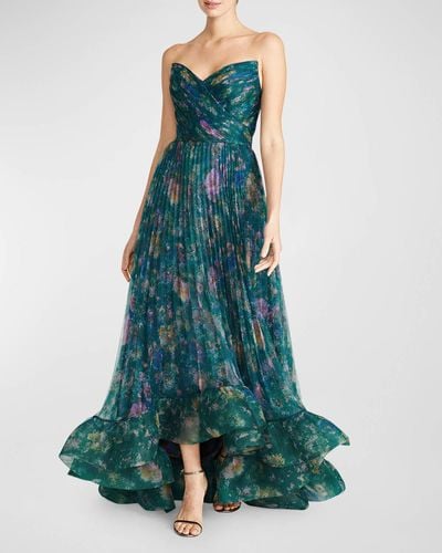 THEIA Moira Strapless Pleated Ruffle Gown - Green