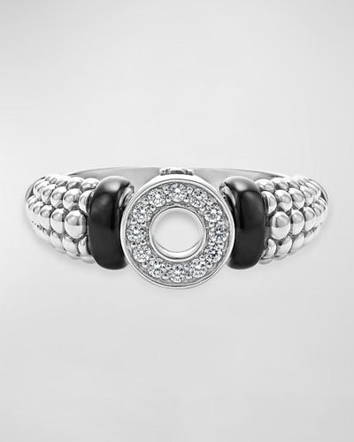 Lagos Black Ceramic Diamond Small Circle Ring - Metallic