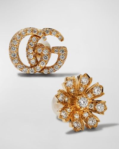 Gucci Mismatched Flora & Double-g Diamond Stud Earrings - Metallic