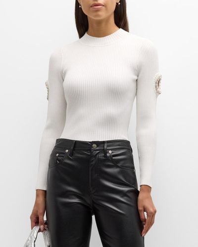 MILLY Ribbed Mock-Neck Cutout Pullover - White