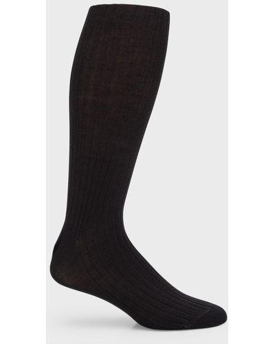 Neiman Marcus Ribbed Wool Over-calf Socks - Black