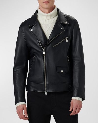 Bugatchi Full-Zip Leather Biker Jacket - Black
