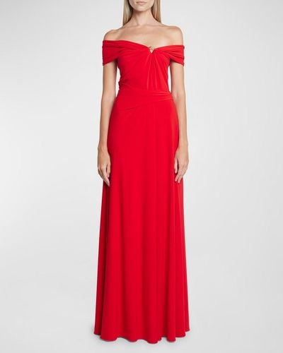 Talbot Runhof O-Ring Off-The-Shoulder Jersey Crepe Gown - Red