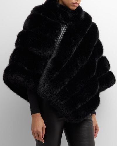 Adrienne Landau Asymmetric Striped Faux Fur Poncho - Black
