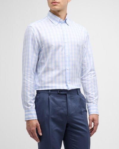 Brioni Cotton-Linen Check-Print Sport Shirt - Blue