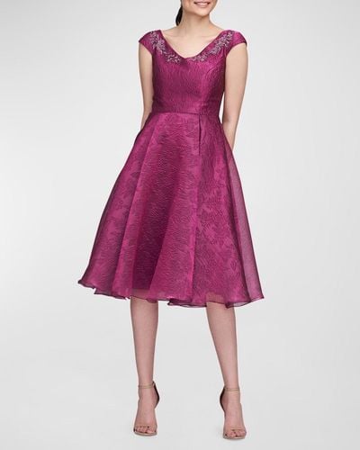 THEIA Kit Beaded Jacquard Fit & Flare Cocktail Dress - Purple