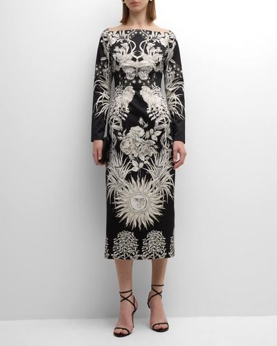 Lela Rose Graphic-Print Long-Sleeve Square-Neck Midi Dress - Black