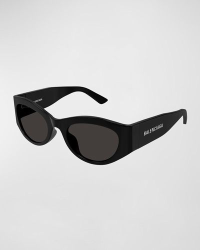 Balenciaga Logo Acetate Oval Sunglasses - Black