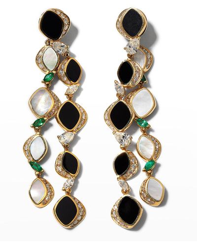Vendorafa Yellow Gold Pebble Earrings With Mother-of-pearl, Diamonds And Emeralds - Multicolor