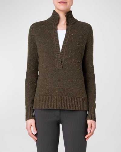 Akris Split-V Collared Cashmere Tweed Sweater - Green