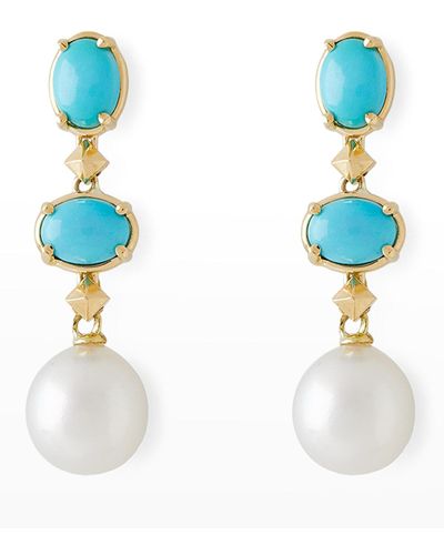 Pearls By Shari 18k Yellow Gold Oval Turquoise, 11mm South Sea Pearl And Small Cube Drop Earrings - Blue