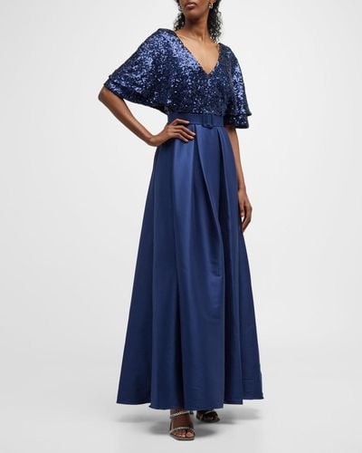 Badgley Mischka Flutter-Sleeve Pleated Sequin Gown - Blue