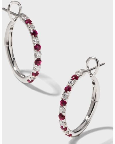 Frederic Sage White Gold Medium Diamond And Diamond-cut Rubies Hoop Earrings - Metallic