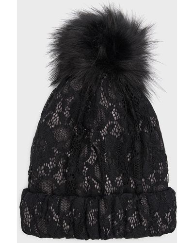 Adrienne Landau Lace Beanie With Faux Fur Pom - Black