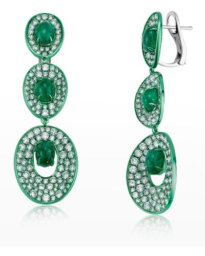 Graziela Gems Rhodium, Emerald And Diamond Drop Earrings - Green