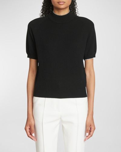 Victoria Beckham Cashmere Puff-Sleeve Top With Contrast Trim - Black