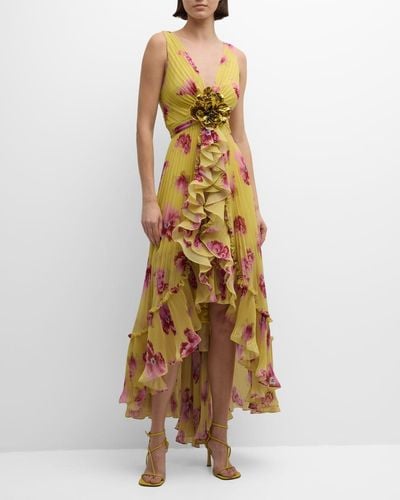 Emanuel Ungaro High-Low Pleated Floral-Print Chiffon Gown - Metallic