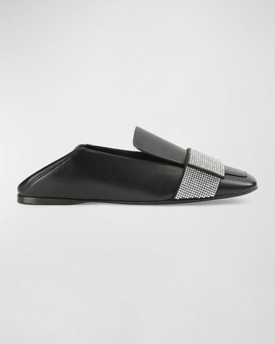 Sergio Rossi Leather Crystal-Strap Slide Loafers - Black