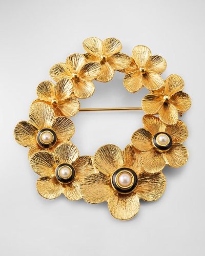 Kenneth Jay Lane Graduated Flowers Pin With And Pearly Cabochons - Metallic
