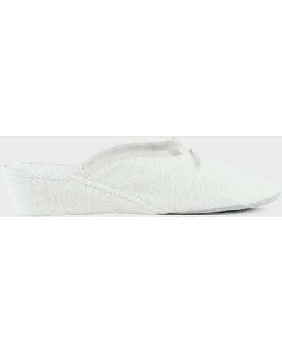 Jacques Levine Terrycloth Wedge Slippers W/ Bow - White