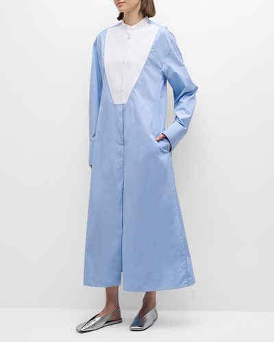 Jil Sander Striped Long-Sleeve Bib Maxi Shirtdress - Blue