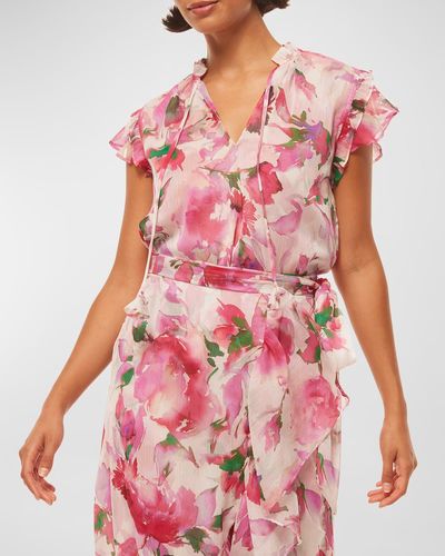 MISA Los Angles Basia Split-Neck Ruffle Floral Top - Pink