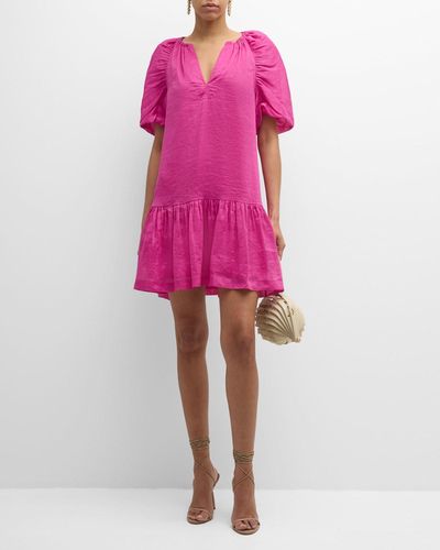 Marie Oliver Greta Puff-Sleeve Flounce Mini Shift Dress - Pink