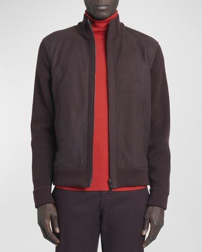 Zegna Nubuck Leather Knit Blouson Jacket - Multicolor