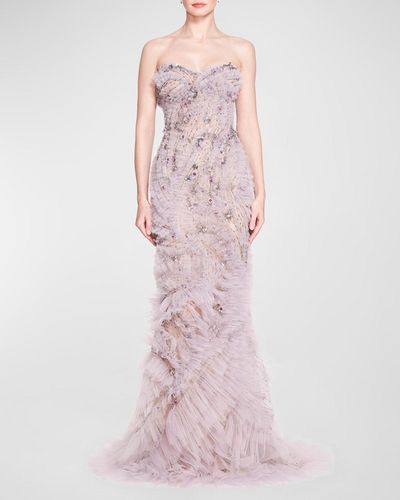 Marchesa Beaded Tulle Ruffle Strapless Mermaid Gown - Pink