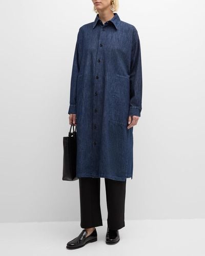 Eskandar Slim A-Line Long-Sleeve Midi Shirtdress With Collar And Stepped Insert - Blue