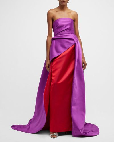 Carolina Herrera Two-tone Strapless Draped Overskirt Column Gown - Purple