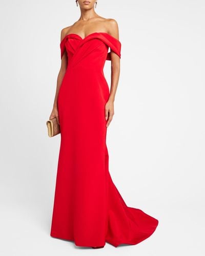 Romona Keveža Draped Sweetheart Off-The-Shoulder Trumpet Gown - Red