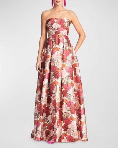 Sachin & Babi Giovanna Strapless Pleated Floral-Print Gown - Red