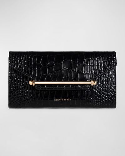 Strathberry Multrees Croc-embossed Wallet On Chain - Black