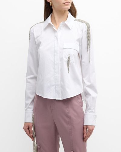 Hellessy Anton Crystal Fringe High-Low Poplin Collared Shirt - White