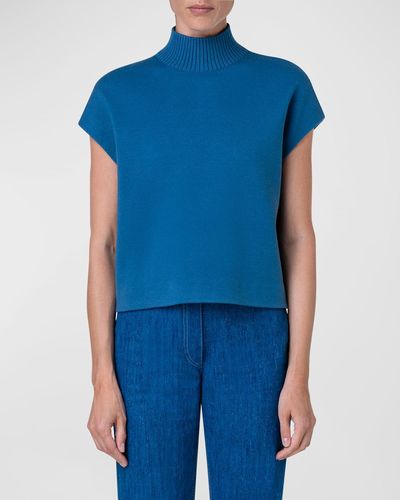 Akris Punto Turtleneck Cap-Sleeve Merino Wool Sweater - Blue