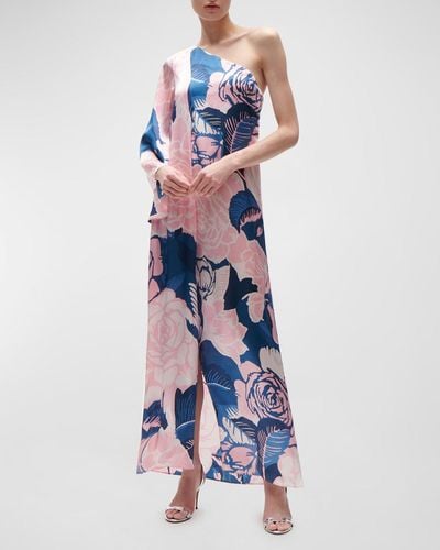 Figue Greta Floral-Print One-Shoulder Slit-Hem Silk Maxi Dress - Blue