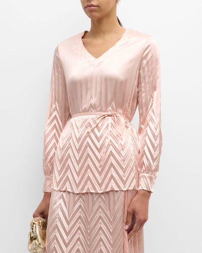 Misook Pleated Belted Crepe De Chine Blouse - Pink
