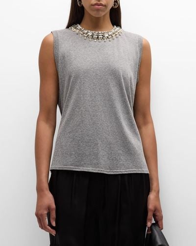 Cinq À Sept Brielle Faux-pearl Necklace Embellished T-shirt - Gray