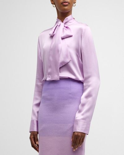 Oscar de la Renta Silk Button-front Blouse With Tie Neck - Purple