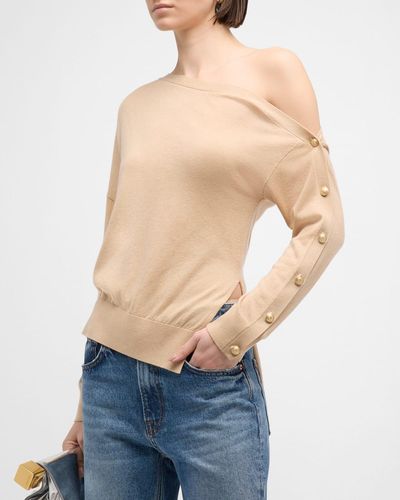 L'Agence Ledger Off-The-Shoulder Button Sweater - Blue
